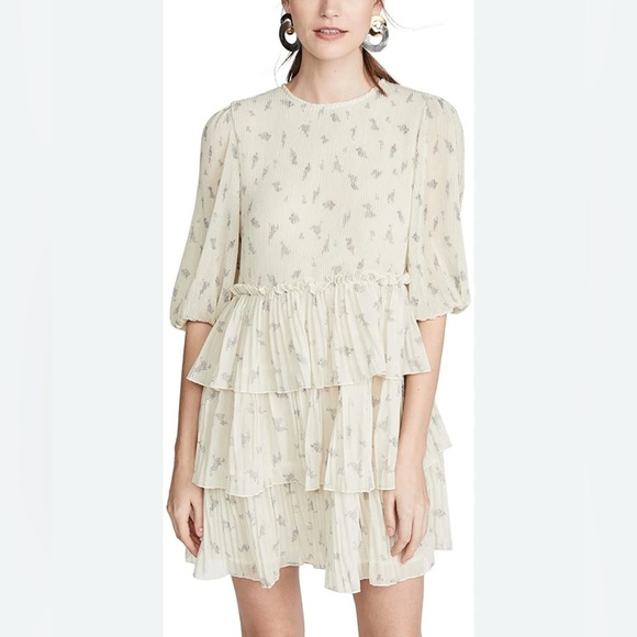 Ganni Floral Pleated Georgette Mini Dress - Picture 1 of 12